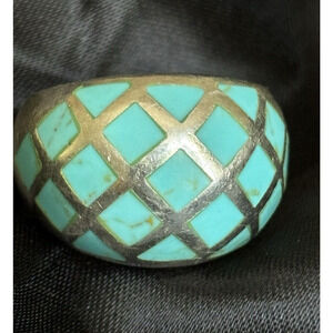 Vintage Sterling & Turquoise Inlay Statement Ring Size 7.75 Diamond Pattern Dome